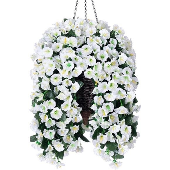 Artificial Faux Hanging White Flowers Plants Basket for Outdoor Outside - Picture 7 of 7